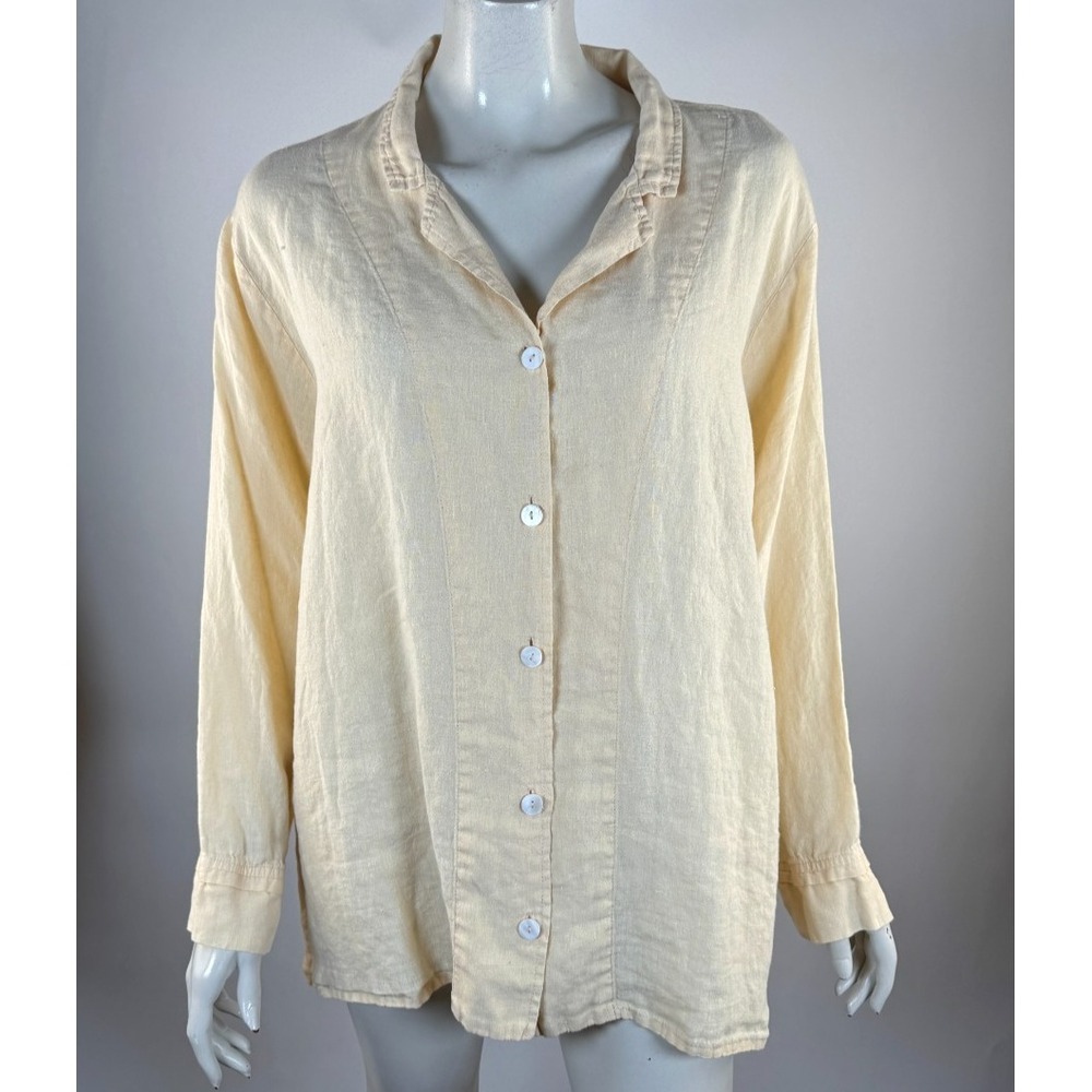 Flax Linen‎ Shirt Women L Collared Long Sleeve Button-up Lightweight Tunic Top